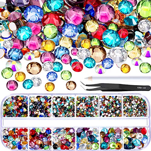 TecUnite 2000 Piezas de Gemas Planas Diamantes de Imitación de Cristal Redondos 6 Tamaños (1,5 - 6 mm) con Pinza de Selección y Lápiz de Selección de Diamantes (Multicolors)