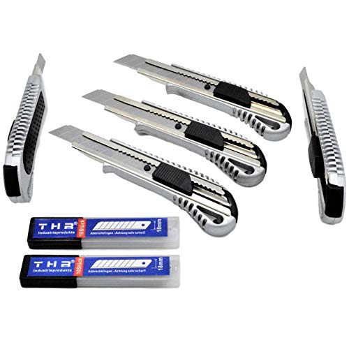 THR Juego de 5 cúteres profesionales de aluminio, 18 mm, 20 cuchillas THR Juego de 5 cúteres profesionales de aluminio, 18 mm, 20 cuchillas