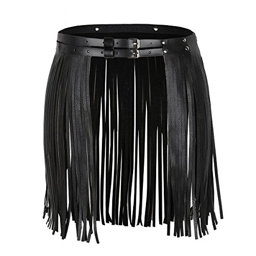 TiaoBug Mujeres Falda de Cuero PU Negro con Borla Cinturón Ajustable Hebillas Vestido Corto Falda para Fiesta Club Danza Etapa