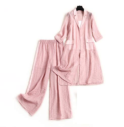 Traje De Gasa para Mujer Chaqueta Honda Manga Corta Pantalones Anchos De Pierna Traje De Niña De Tres Piezas Traje De Mujer Extranjera De Moda Deportes Casual Azul Cielo Talla S-XL,Pink-L