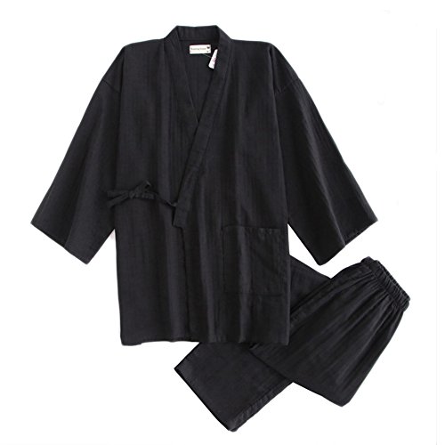 Traje de Pijama de Traje de Pijama de algodón japonés de Doble Gasa Estilo japonés para Hombres [Negro, L]