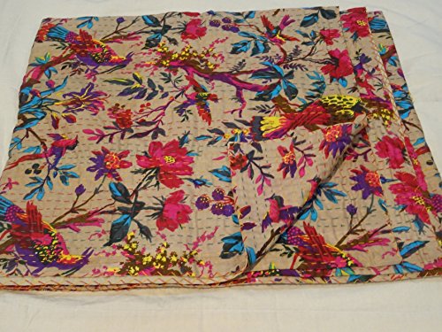 Tribal Asian Textiles - Colcha con diseño de pájaros, hecha a mano, bordado Kantha, tamaño king size (228,6 x 274,3 cm)