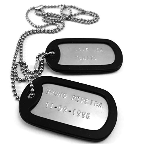 TusPlacas Chapas Militares Personalizadas de Acero INOX. Collar de Chapas Grabadas en Relieve. Colgante Estilo Ejército Americano. Grabado, Cadenas, Gomas y Bolsita de Tela de Regalo (Negro) TusPlacas Chapas Militares Personalizadas de Acero INOX. Collar de Chapas Grabadas en Relieve. Colgante Estilo Ejército Americano. Grabado, Cadenas, Gomas y Bolsita de Tela de Regalo (Negro)