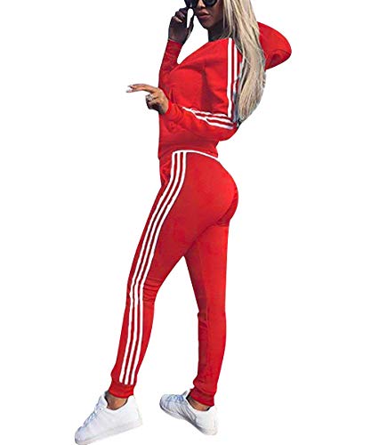 Udaderas Mujer Pantalones + Tops Conjunto de Chándal de Mujer Camisas Fitness Manga Larga Casual Jersey Chaqueta Hoodie&Pantalones (Rojo, M)