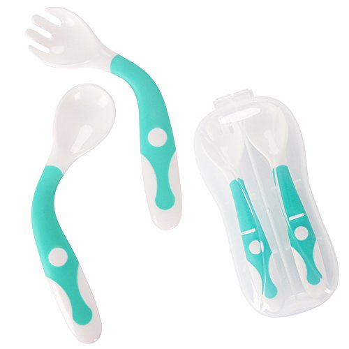 Utensilios para bebé Cucharas Set de bifurcaciones con estuche seguro para viajes Niños Alimentación Cuchara de entrenamiento Agarre fácil Resistente al calor Flexible Aprender cucharas (juego de 2)