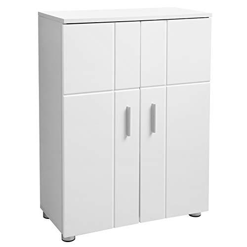 VASAGLE Armario de Suelo de Baño, Almacenamiento de Puerta Doble con Estantes Ajustables, Bisagras de Tope, Pies Ajustables, en la Entrada, 60 x 30 x 82 cm, Blanco BBK42WT