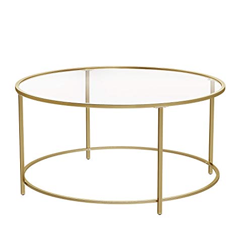 VASAGLE Mesa de Centro Redonda, Mesa de Cristal con Marco de Acero Dorado, Mesa de Salón, Mesa de Café, Robusta, Estable, Decorativa, Color Dorado LGT21G