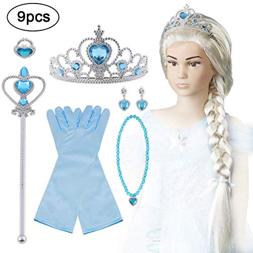Vicloon Princesa Vestir Accesorios, 9 Pcs Azul Elsa Princesa Accesorios de disfraces, Regalo Conjunto de Belleza - Peluca Corona Anillo Sceptre Collar Pendientes Guantes para Niña