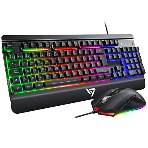 VicTsing Teclado Gaming LED, Teclado y Ratón para Juegos con Cable, Rainbow Retroiluminación con 12 Teclas Multimedia y 19 Teclas Anti-ghosting, Raton Gaming Programable 6 Botón dpi 3200 Ajustable