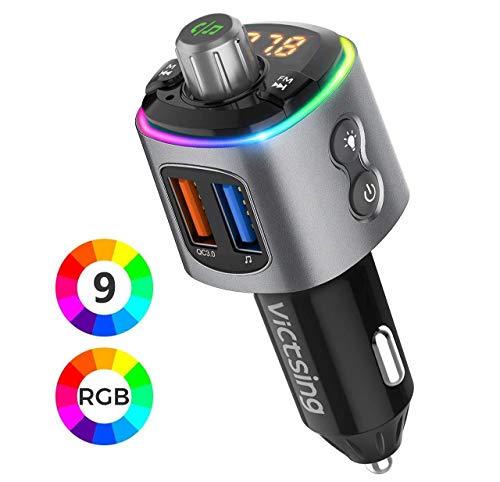 VicTsing Transmisor FM Bluetooth Coche Mechero, [8 Real Dinámico RGB] [9 Modos de Luz] Manos Libres Coche, BT5.0 Reproductor MP3 Adaptador con USB QC3.0 y Siri Google Asistente, Hi-Fi Música Spotify