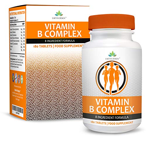 Vitaminas Complejo B - Vit B1 B2 B3 B5 B6 B12 - Con Biotina y Ácido Fólico - Para Hombres y Mujeres - Apto Vegetarianos - 180 Pastillas (Suministro Para 6 Meses) de Earths Design