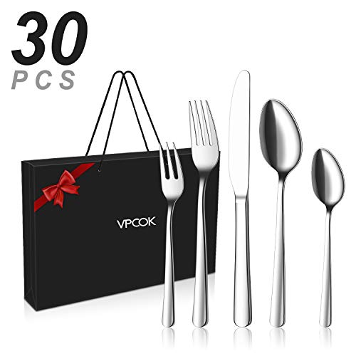 VPCOK Set de Cubiertos 30 Piezas, Cubertería en Acero Inoxidable con Cuchillos Chuleteros, Tenedores, Cucharas, Juego de Cubiertos para Regalo