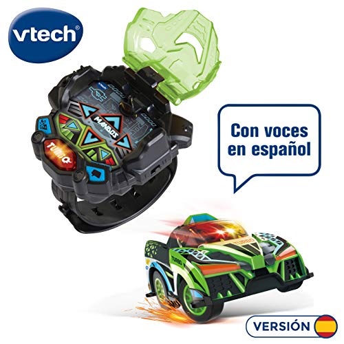 Vtech Turbo Force Racers - Coche control remoto con mando adaptado para llevar en la muñeca, conduce en 6 direcciones y activa el modo turbo, voces en español