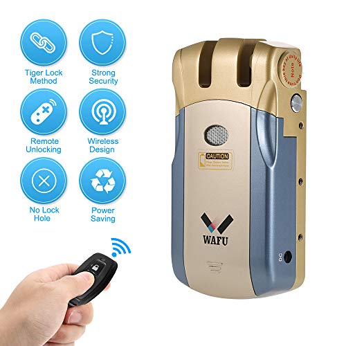 WAFU WF-018 Cerradura Inalámbrica Inteligente Cerradura Control Remoto Cerradura Invisible con 4 Control Remotos, Azul + Oro WAFU WF-018 Cerradura Inalámbrica Inteligente Cerradura Control Remoto Cerradura Invisible con 4 Control Remotos, Azul + Oro
