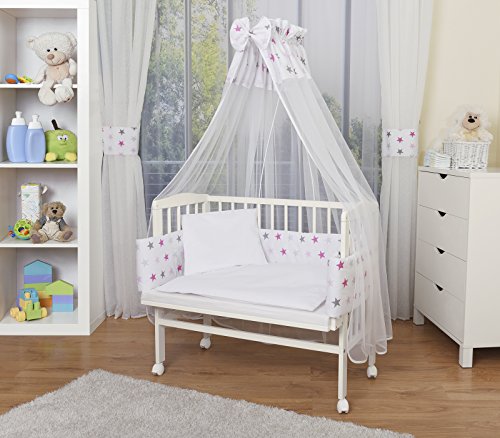 WALDIN Cuna colecho para bebé con equipamiento completo, lacado en blanco, 14 modelos a elegir a elegir,color textil blanco/estrellas gris-rosa