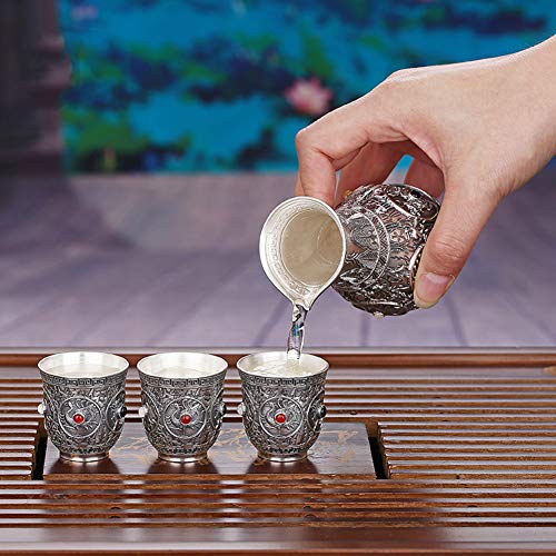 WEIFENG Vino de Plata Pura Conjunto Tallada Ilustraciones Plata Vino Jarra de Plata del Vidrio de Vino, Bueno para el Cuerpo Helthy, dotado de Colección Valor 4pcs / Set