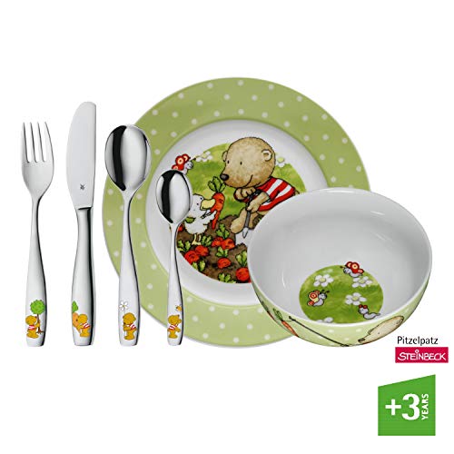 WMF Pitzelpatz - Vajilla para niños 6 piezas, incluye plato, cuenco y cubertería (tenedor, cuchillo de mesa, cuchara y cuchara pequeña) (WMF Kids infantil)