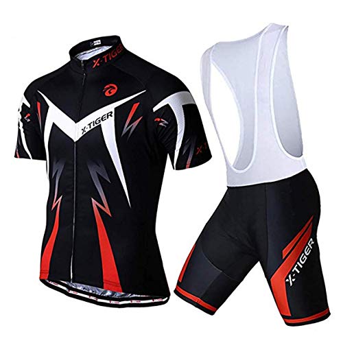 X-TIGER Ciclismo Maillots para Hombres con Tirantes Manga Corta Transpirable Secado Rápido con 5D Acolchado Gel Culotes Culotte Pantalones Cortos (Rojo,XL)