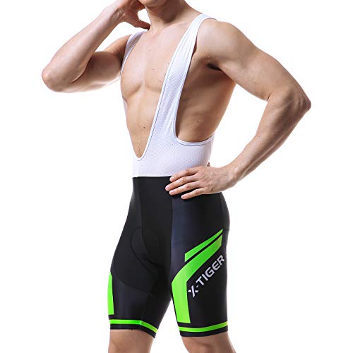 X-TIGER Hombres de Bicicleta con 5D Gel Acolchado MTB Ciclismo Tirantes Culotte Pantalones Cortos Culotes (XL, Verde Culotte Pantalones)