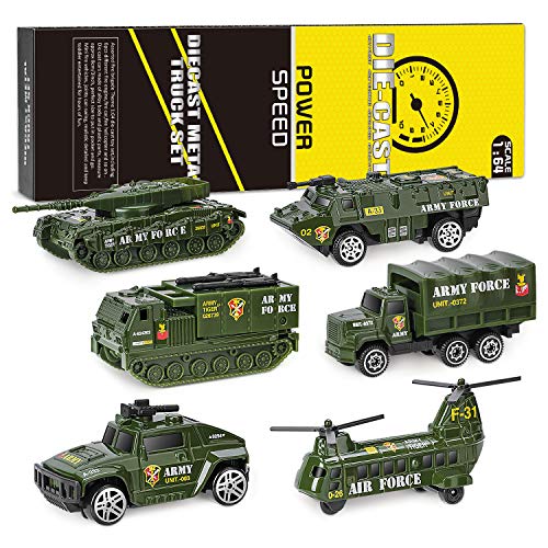 XDDIAS Vehículo Militar Juguete, 6 Pcs Mini Modelos Coche Militar de Juguete, Militares Helicóptero Tanque Jeep Camión Coche Blindado para Niños, Surtidos