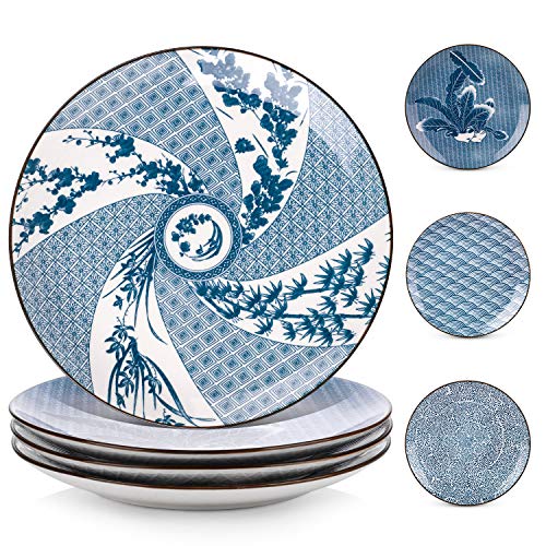 Y YHY - Juego de platos llanos de porcelana (25,4 cm, 4 unidades), diseño variado, color azul y blanco