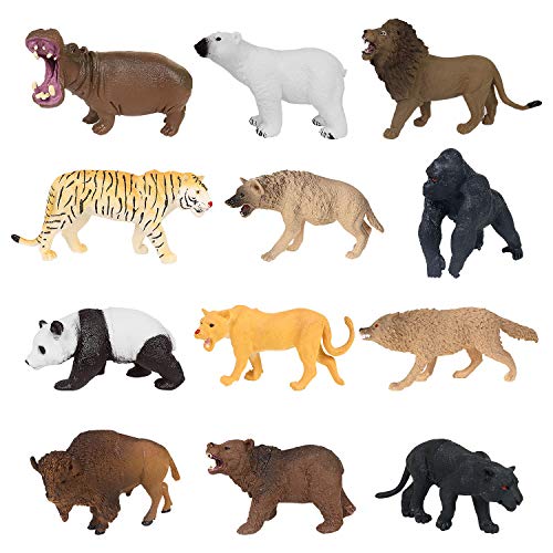 YIJIAOYUN 12 Piezas de plástico Educativo Animales del Bosque Juego de Juguete de Figuras para niños, niñas, Que Incluyen Leones, Tigres, gorilas, Pandas, panteras, Lobos