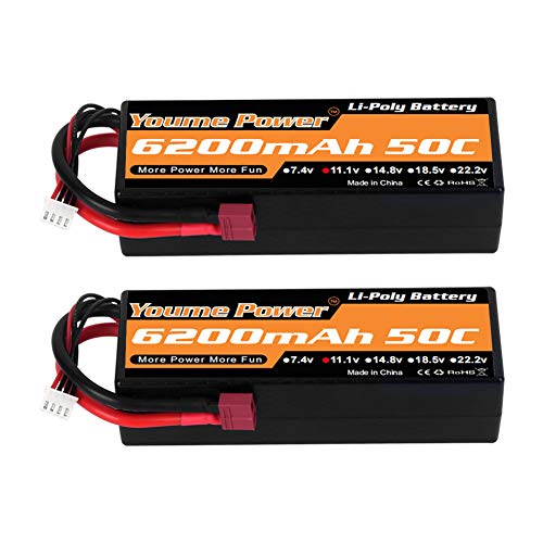 Youme Power 11.1V Batería Lipo, 3S Lipo Batería 6200mah 50C Estuche rígido Deans T Plug para Traxxas RC Coche / Camión / Buggy, Barco RC, Avión, UAV, Drone (2 Paquetes)