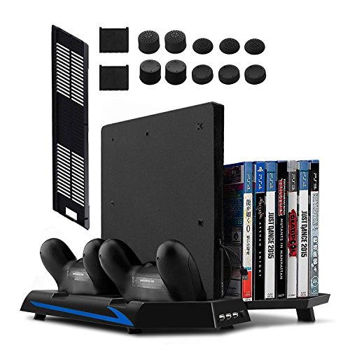 Younik Soporte Vertical para PS4 / PS4 Slim con ventiladores, estación de carga para dos controles, estante de almacenamiento para 14 juegos Younik Soporte Vertical para PS4 / PS4 Slim con ventiladores, estación de carga para dos controles, estante de almacenamiento para 14 juegos