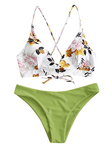 Zaful - Conjunto de bikini acolchado para mujer en diseño de naranjas, de tirantes con cordones verde S