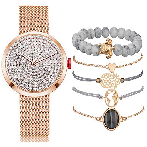 ZUEN 6PCS Conjuntos De Joyería para Mujeres, Relojes Mujer Reloj De Diamantes Reloj De Oro Relojes De Pulsera De Cuarzo con Collar Día De San Valentín,A