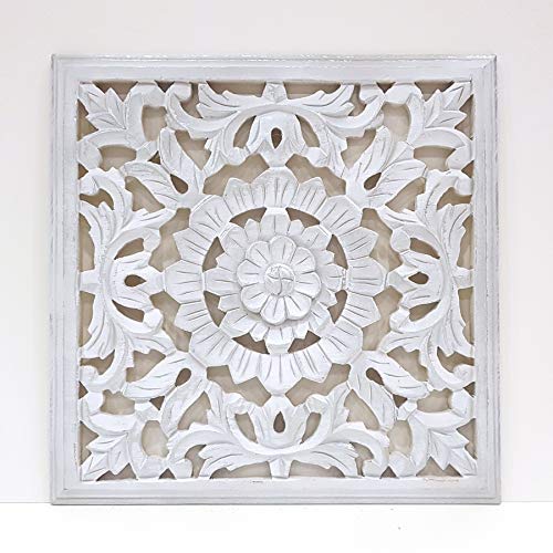 -Mandala de Pared, Fabricada artesanalmete en España, tamaño 40x40 cm, Modelo GR93. Forma Cuadrada (Blanco Plata)