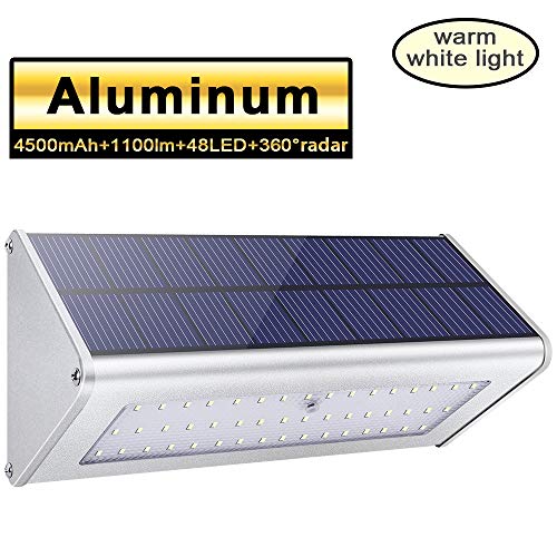1100lm La luz solar 48 LED 4500mAh de una aleación de aluminio, impermeable al aire libre, radar de sensores de movimiento, aplicable en el porche, el jardín, el patio, el garaje -La Cálida Luz Blanca