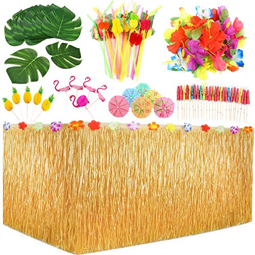 123 piezas hawaiano Luau juego de faldas de mesa, hojas de palma, flores hawaianas, paraguas multicolor, decoración de tartas y pajitas de fruta 3D para barbacoa, jardín tropical, playa, verano