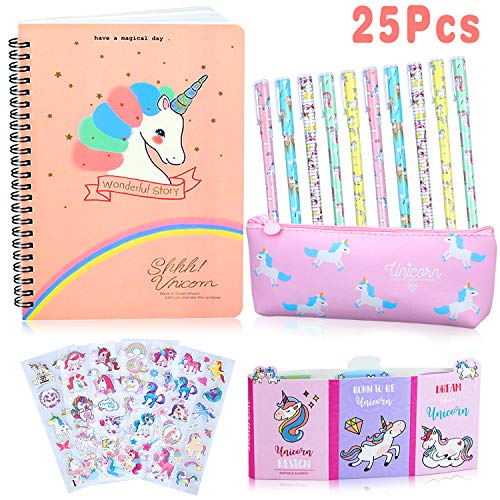 25 Piezas Bolígrafo Regalos de Unicornio para Niñas, Set de Papelería y Estuche Escolar y Cuaderno Libreta de Notas y Notas Autoadhesivas y Pegatina, Regalo para Niños 6 7 8 9 10 años