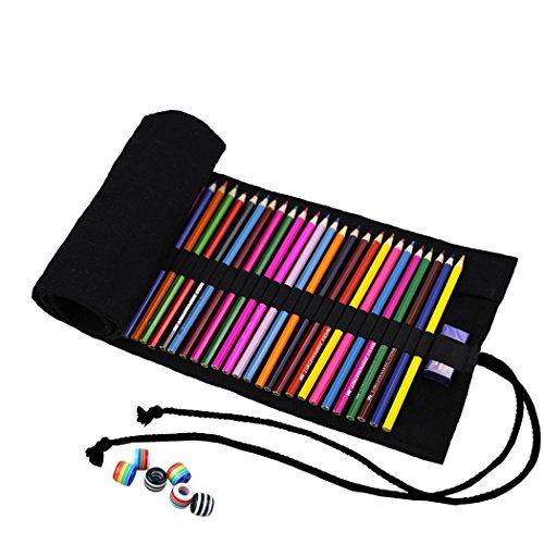 Abaría - Bolso de lapices bolsa de almacenamiento hecho de mano, estuche enrollable para colores lápices 48 agujeros negro