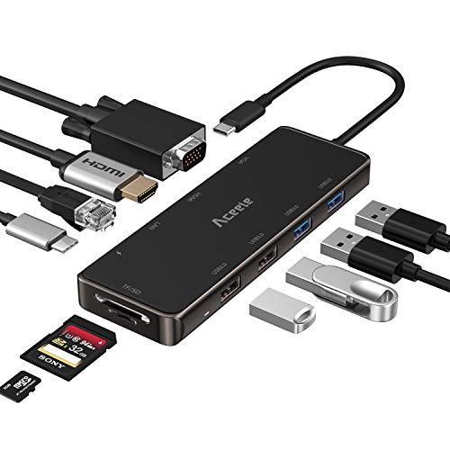 Aceele Hub USB C, Hub multifunción Tipo C 10 en 1 con 4 Puertos USB 3.0, VGA, HDMI 4K, Gigabit Ethernet, PD Tipo C, Lector de Tarjetas SD/TF para iPad Pro 2018, Macbook Pro 2018, DELL XPS 15 y más