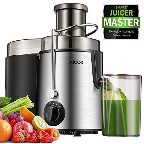 Aicok Licuadoras Para Verduras y Frutas Acero Inoxidable, 3 Velocidades Licuadora Prensado Frio Extractor de Zumos Boca Ancha de 75MM, Extractor de Jugos Libre de BPA, con Base Antideslizante