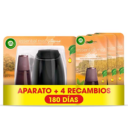 Air Wick Essential Mist - Aparato y recambios de ambientador difusor, esencia para casa con aroma a Explosión Cítrica - pack de 1 aparato y 4 recambios Air Wick Essential Mist - Aparato y recambios de ambientador difusor, esencia para casa con aroma a Explosión Cítrica - pack de 1 aparato y 4 recambios