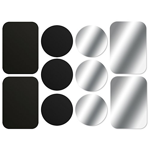 AJOXEL [10 Piezas láminas Metálicas (6 Redondas y 4 rectangulares) con Adhesivos Muy Finas Reemplazo de Placas de Metal para Soporte Movil Coche Magnético/Soporte iman movil Coche - Negro+Plata