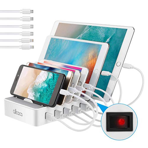 allcaca Estación de Carga USB Multifunción con 6 Puertos, Qi Certificación con Interruptor Cargador Base de Carga, Compatible con iPhone, Android, Galaxy Samsungs, Huawei, Tabletas, Incluye 6 Cables