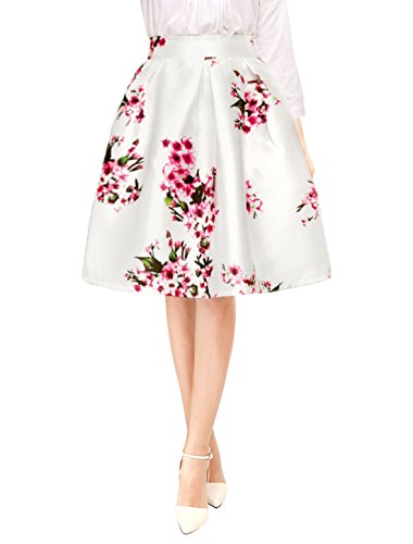 Allegra K Falda Midi Plisada A-Línea Estampados Florales Cintura Alta para Mujer Blanco XS
