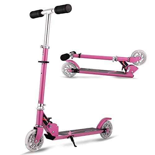 AMDirect Patinete 2 Ruedas para Niña Patinete Niña Plegable con Altura de Manillar Ajustable 63cm, 75cm, 85cm Patinete para Niños 3-12 Años Patín Scooter con 2 Ruedas Led, Rosa