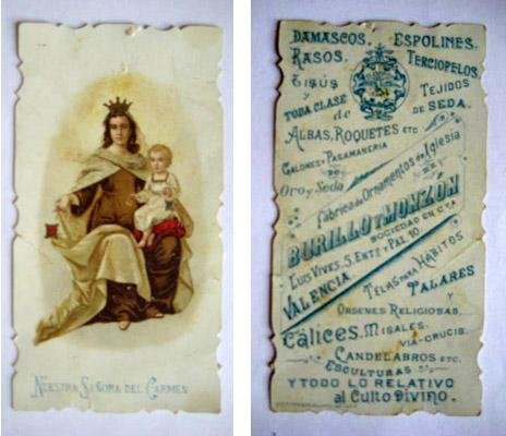 Antigua Estampa Publicidad - Old Card Religious Advertising : NUESTRA SEÑORA DEL CARMEN - BURILLO Y MONZÓN, Valencia.