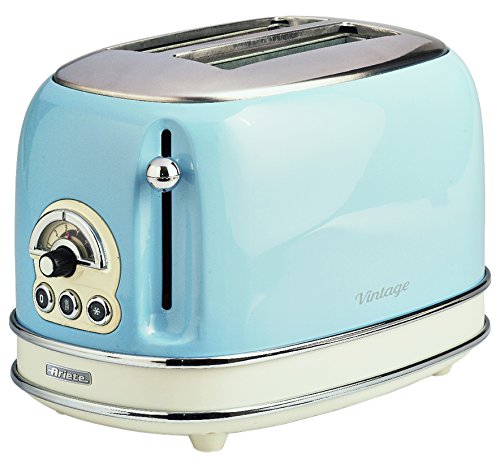 Ariete 155/15 - Tostador 2 ranuras anchas, vintage, 6 posiciones, función descongelar, recalentar, cancelar, paredes frías, pies antideslizante, recogecable, 810 W, color azul