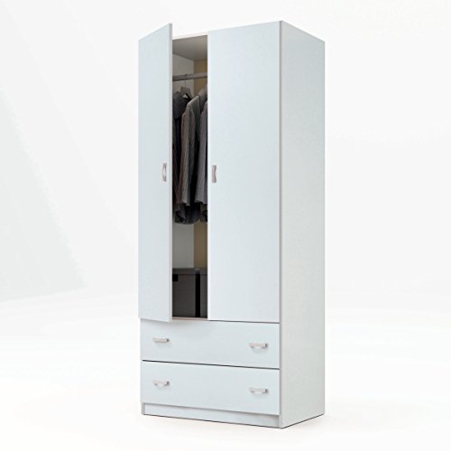Armario ropero Color Blanco Brillo de 2 Puertas y 2 cajones, Barra cromada para Colgar incluida, para Dormitorio. 180cm Altura x 74cm Ancho x 50cm Fondo. Armario ropero Color Blanco Brillo de 2 Puertas y 2 cajones, Barra cromada para Colgar incluida, para Dormitorio. 180cm Altura x 74cm Ancho x 50cm Fondo.