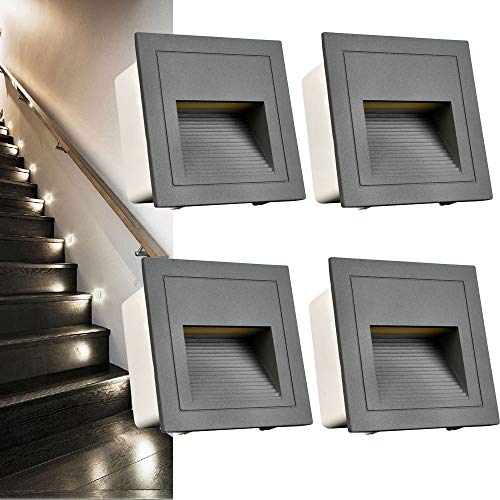 Arotelicht - Juego de 4 focos led empotrables de 3 W para escaleras, iluminación exterior, aluminio, 230 V, luz blanca fría, 6000 K, IP65, color gris, incluye lata