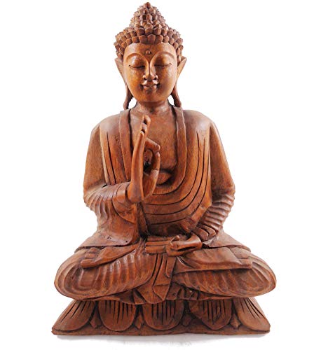 Artisanal Escultura Buda Sentado Sobre Loto de Madera (40 cm).