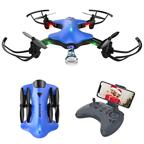 ATOYX AT-146 Drone con Cámara, Drone Plegable con App WiFi FPV 720 HD, Altitud Hold, Modo sin Cabeza, Una Tecla de Despegue y Aterrizaje de Gravedad RTF, Mejor Regalo, Azul