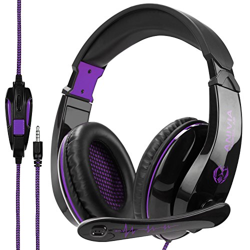 Auriculares estéreo para juegos con cable, Anivia A9 3.5 mm sobre auriculares con aislamiento de ruido con micrófono para PS4 / NewXboxOne / PC / Mac / Smartphones / Tablets / Laptop-Black purple