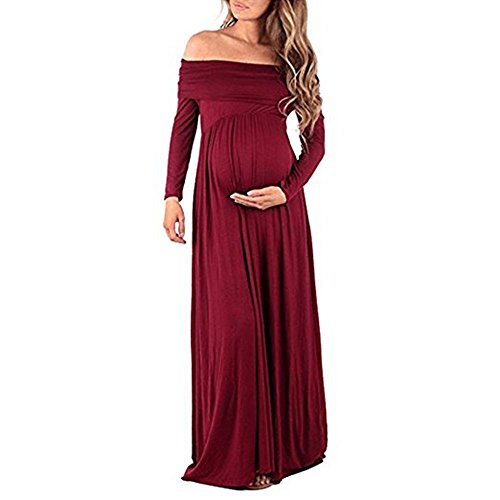 BEDAMAM Premamá Vestido de Manga Larga Maxi Falda Plisada con Encaje Flores para Mujer Casual Maternidad Vestido Fotografía Sexy Vestido de Embarazo Rojo M